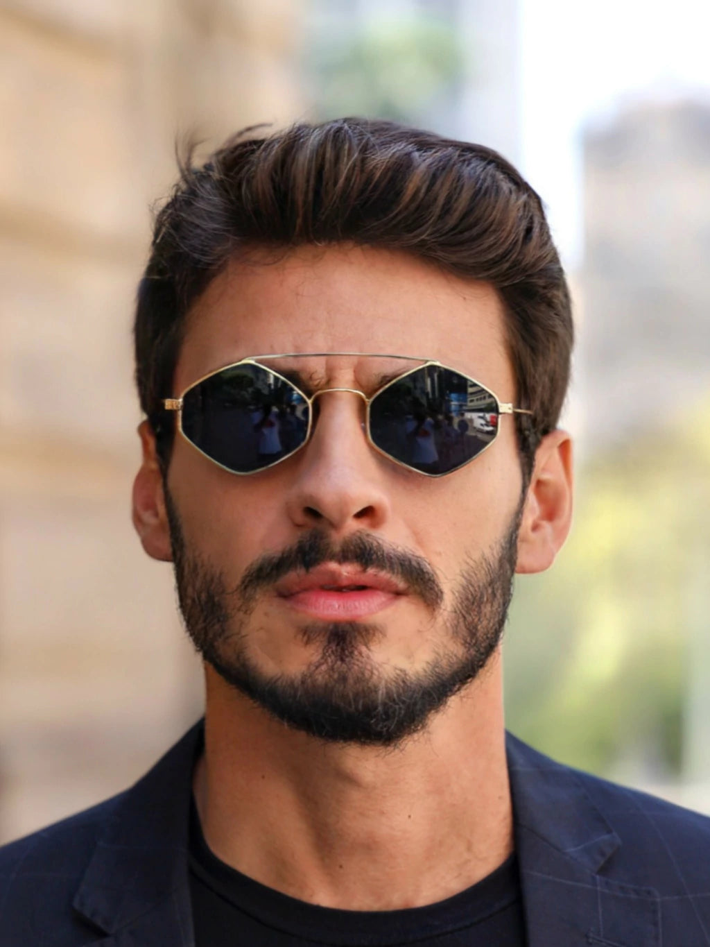 Óculos de Sol Blogueira Hexagonal Dubai Premium - Preto Dourado/Preto - Metal