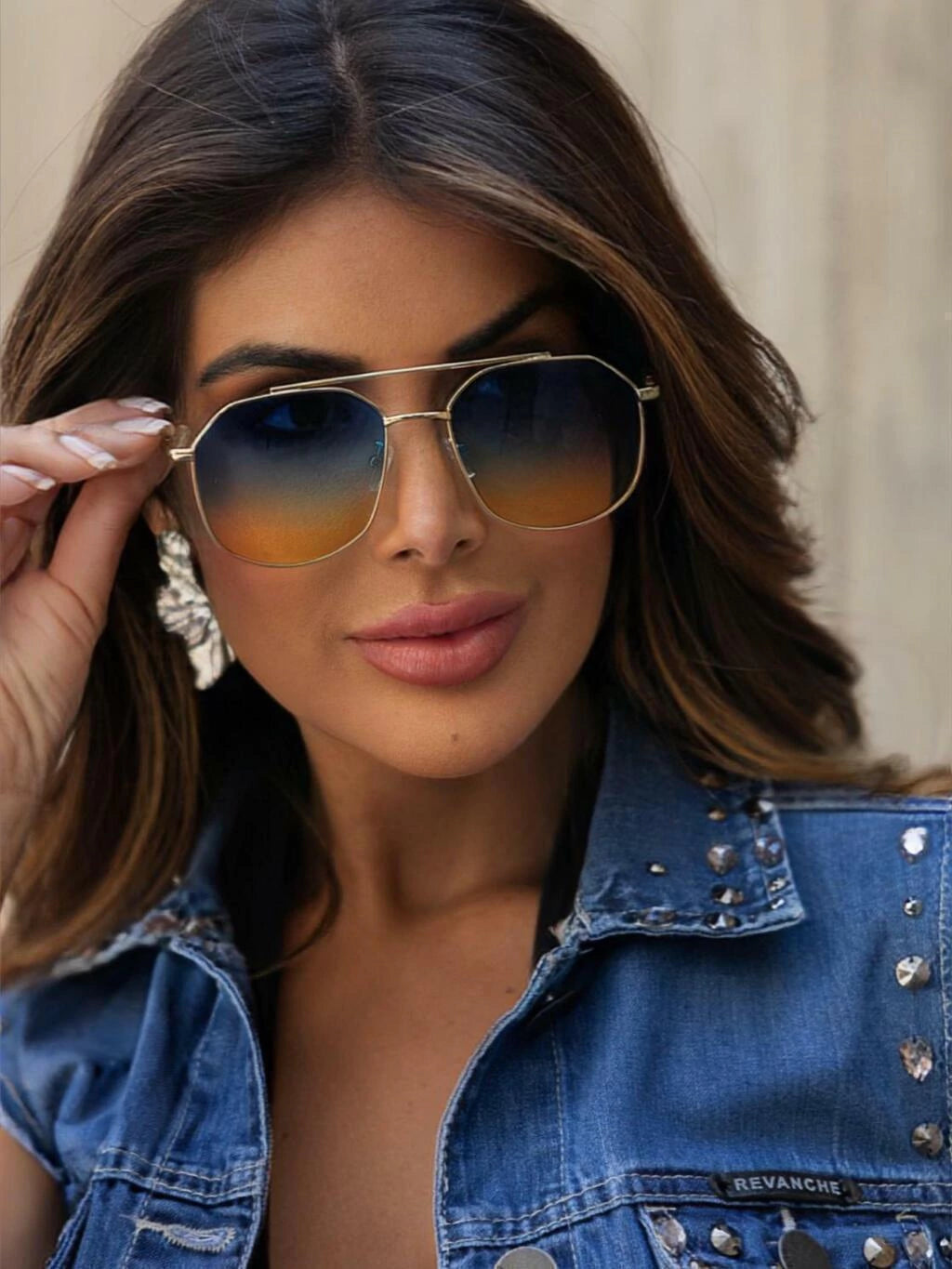 Óculos de Sol Retangular Samba - Degradê Azul/Amarelo Dourado - Metal