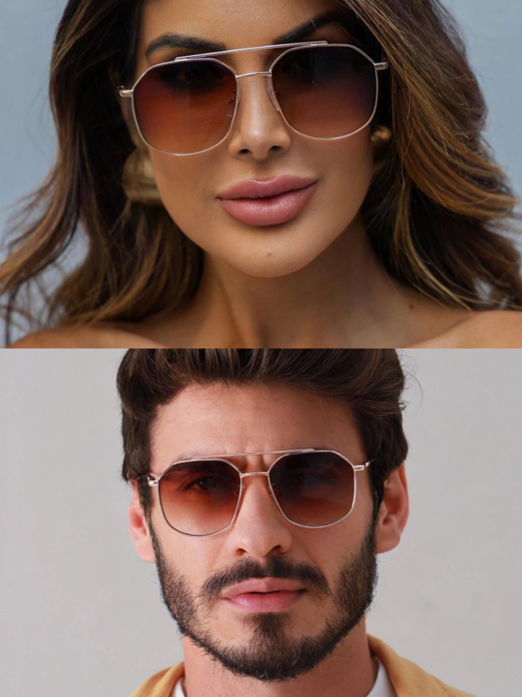 Óculos de Sol Retangular Samba - Marrom Degradê Rose - Metal