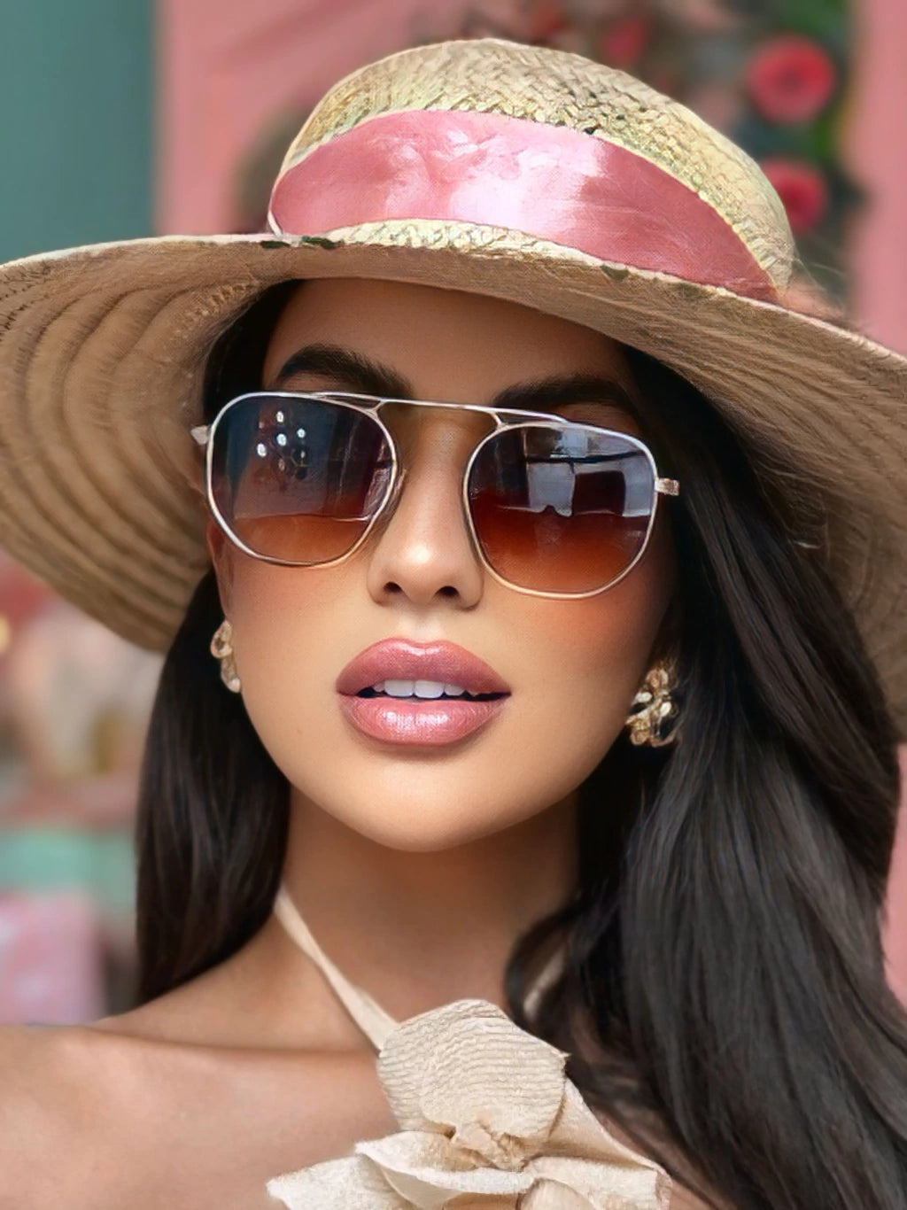 Óculos de Sol Clássico Hexagonal Ásia - Marrom - Metal