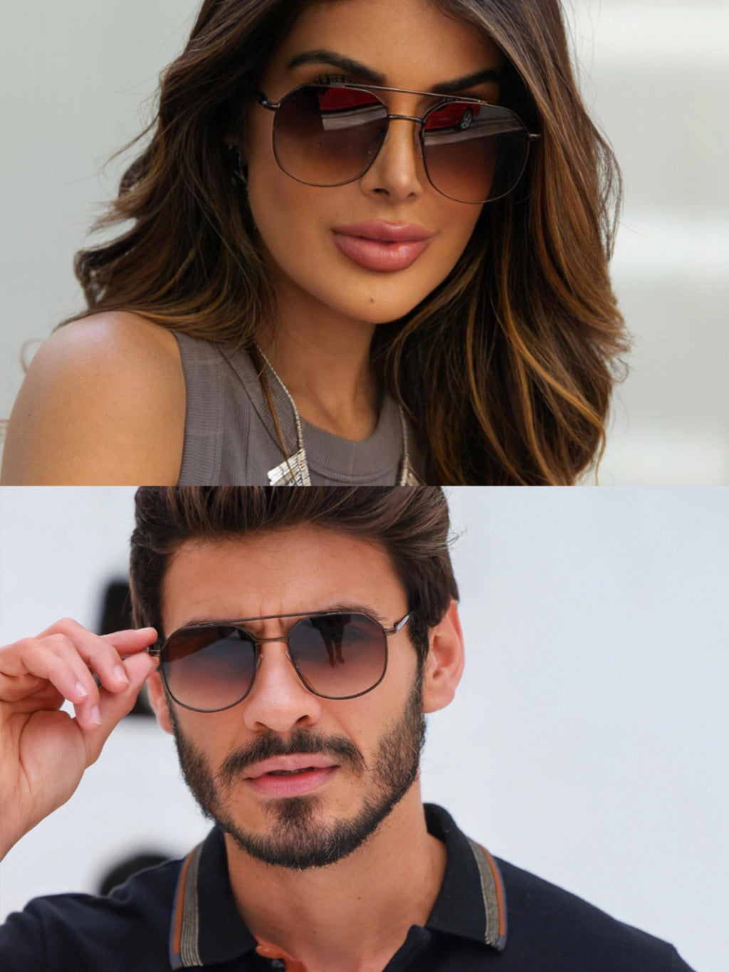 Óculos de Sol Retangular Samba - Marrom Degradê Preto - Metal