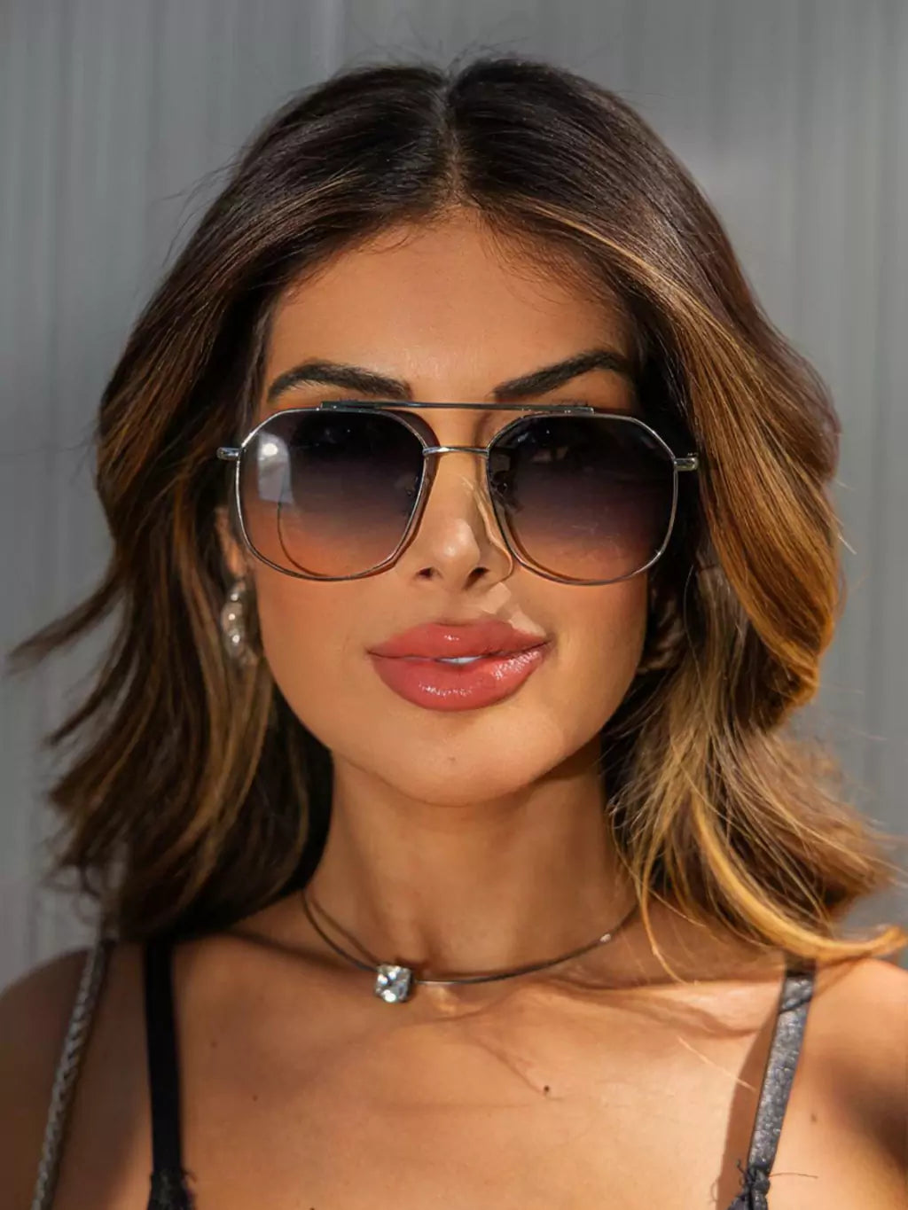 Óculos de Sol Retangular Samba - Azul Degradê Prata - Metal