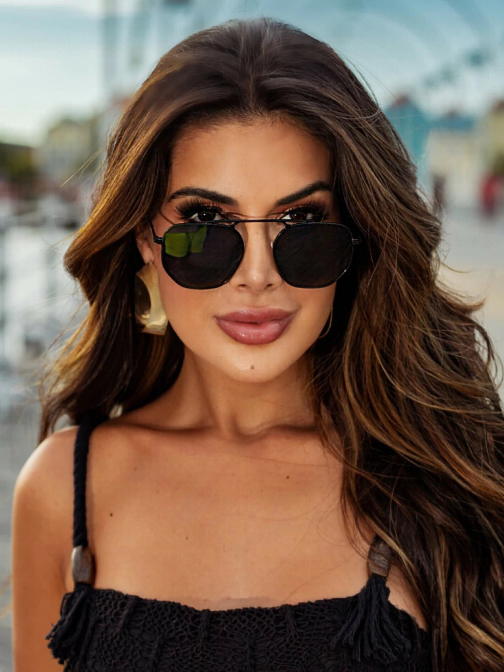 Óculos de Sol Clássico Hexagonal Ásia - Preto - Metal