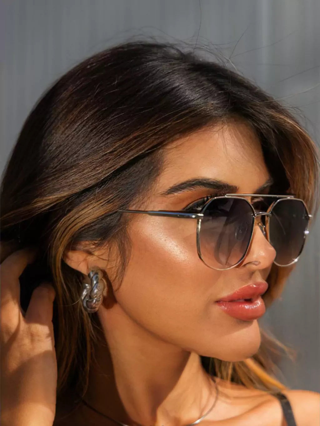 Óculos de Sol Retangular Samba - Azul Degradê Prata - Metal