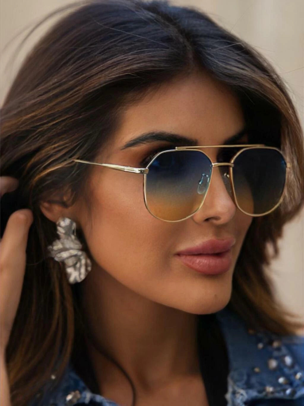 Óculos de Sol Retangular Samba - Degradê Azul/Amarelo Dourado - Metal