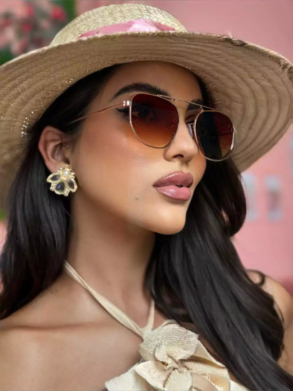 Óculos de Sol Clássico Hexagonal Ásia - Marrom - Metal