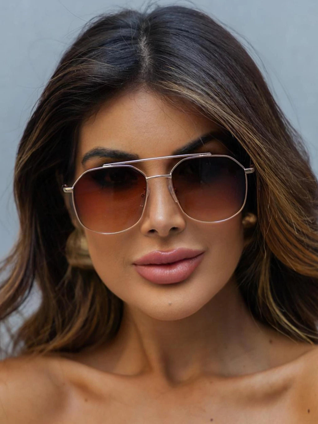 Óculos de Sol Retangular Samba - Marrom Degradê Rose - Metal