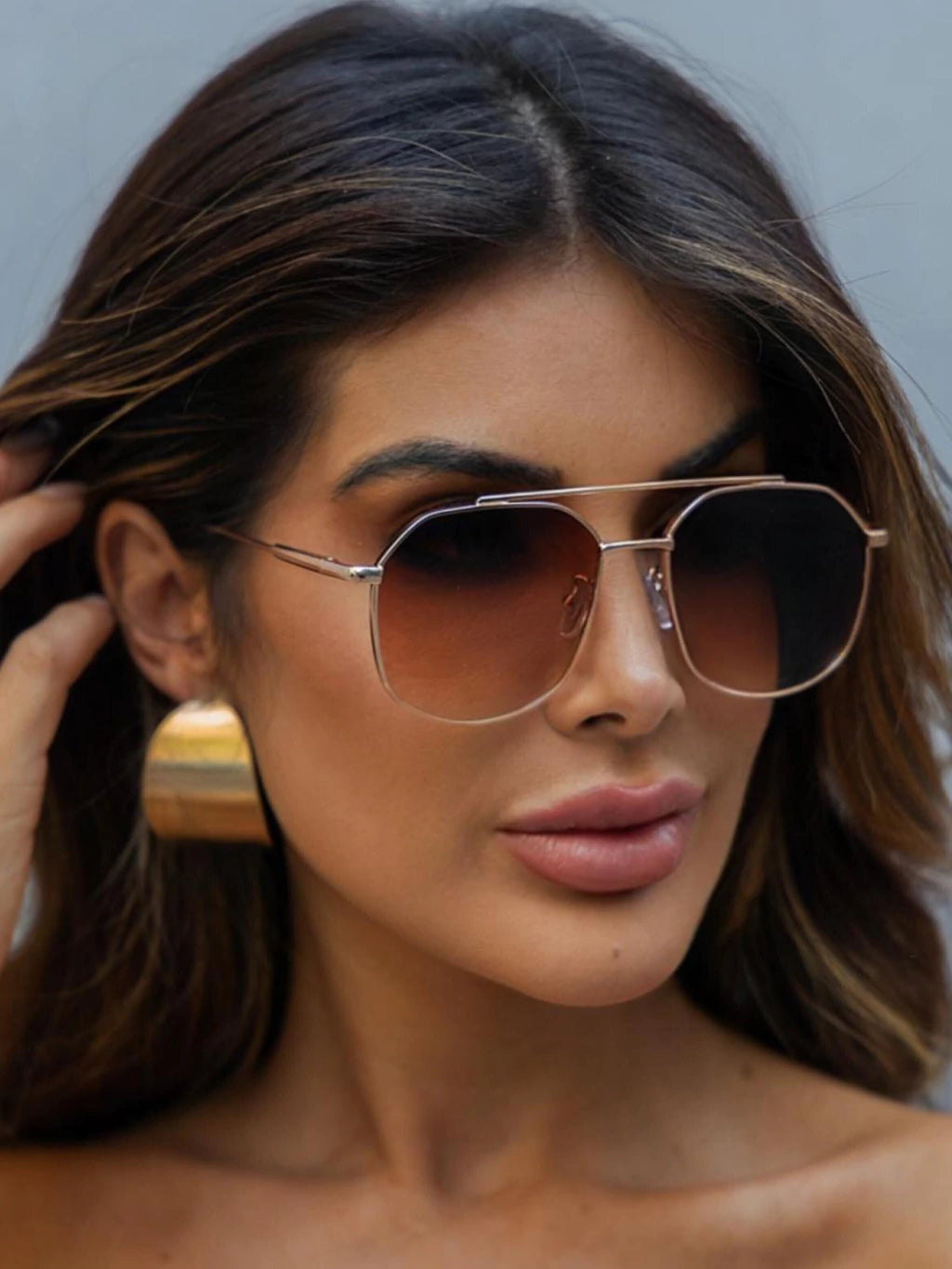 Óculos de Sol Retangular Samba - Marrom Degradê Rose - Metal