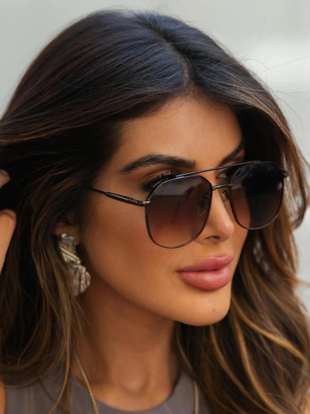 Óculos de Sol Retangular Samba - Marrom Degradê Preto - Metal