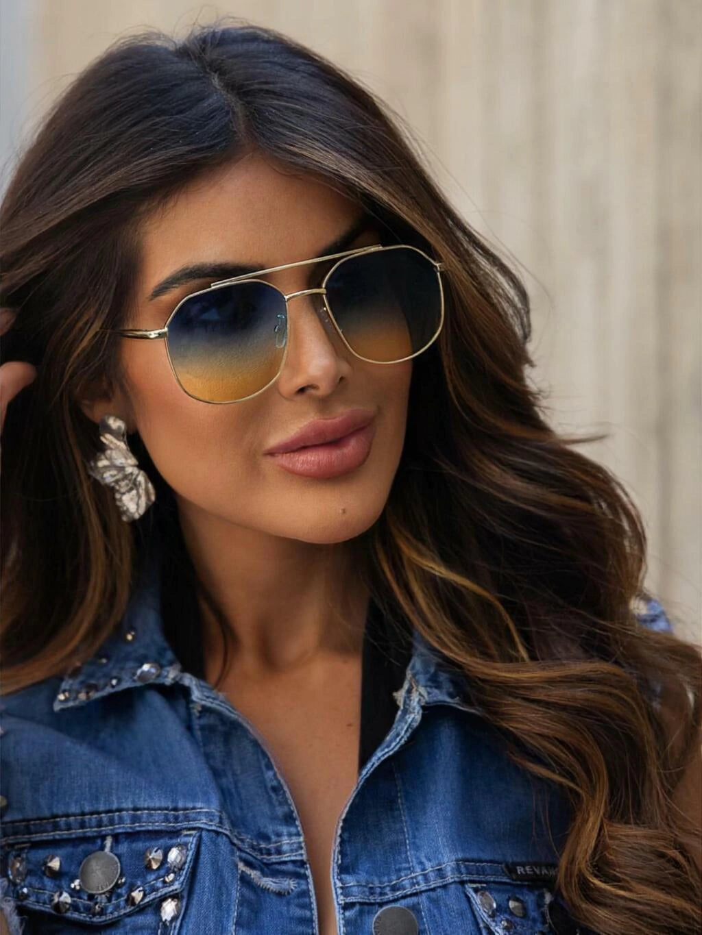 Óculos de Sol Retangular Samba - Degradê Azul/Amarelo Dourado - Metal