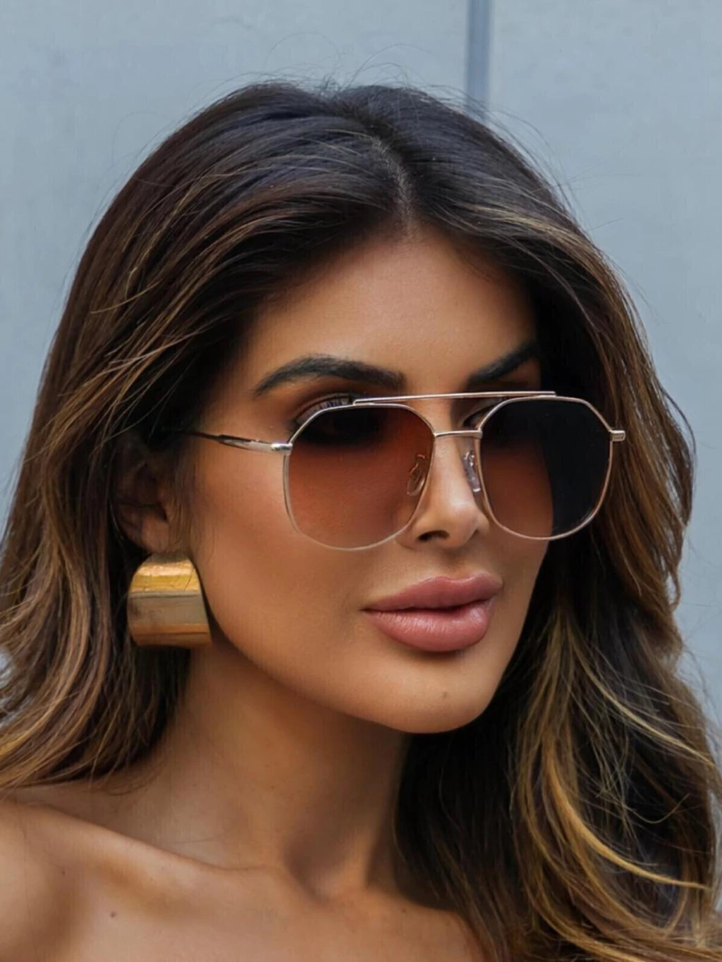 Óculos de Sol Retangular Samba - Marrom Degradê Rose - Metal