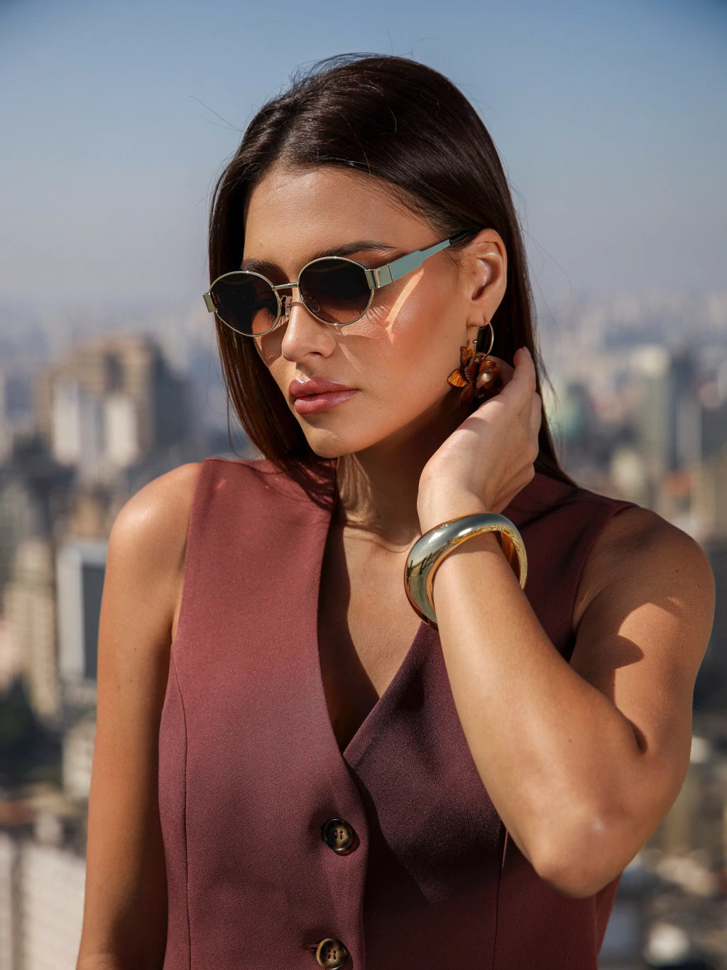 Óculos de Sol Oval Fluense - Preto Degradê/ Dourado Preto- Metal