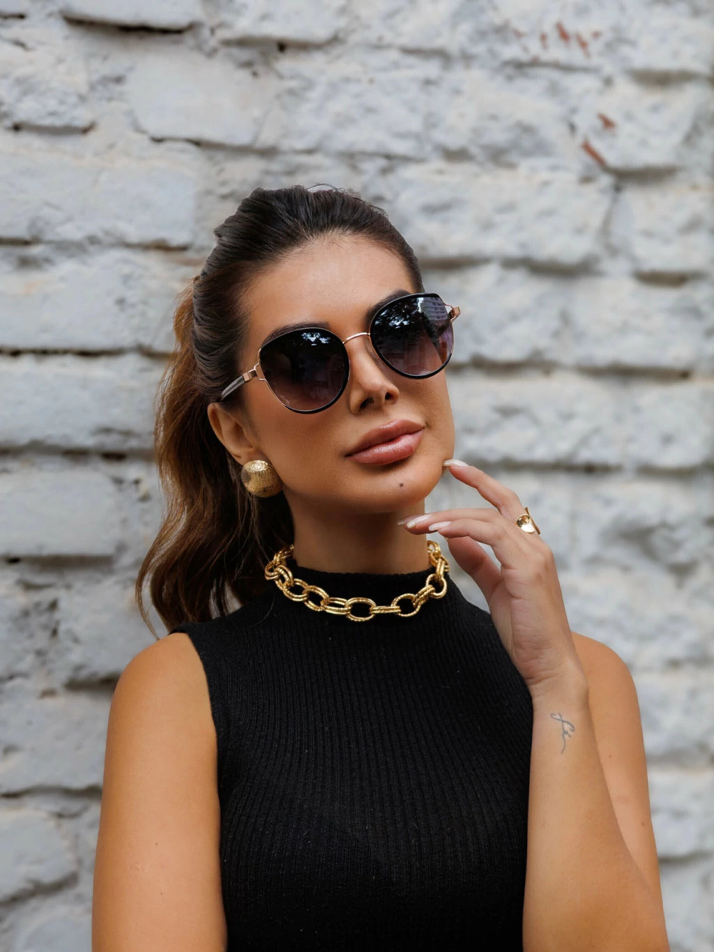 Óculos de Sol Gatinho Arredondado Geovana - Preto - Metal/Acetato