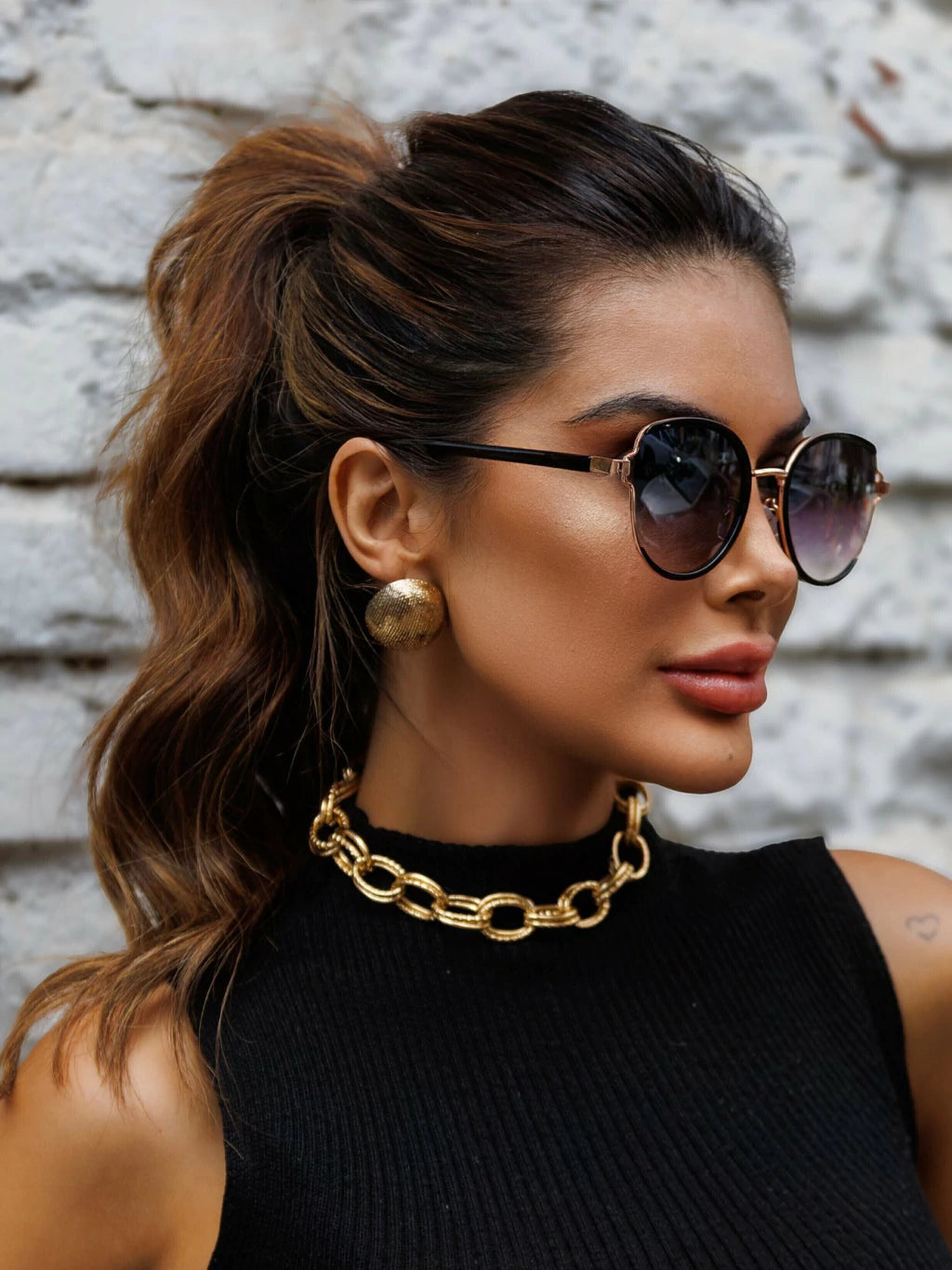 Óculos de Sol Gatinho Arredondado Geovana - Preto - Metal/Acetato