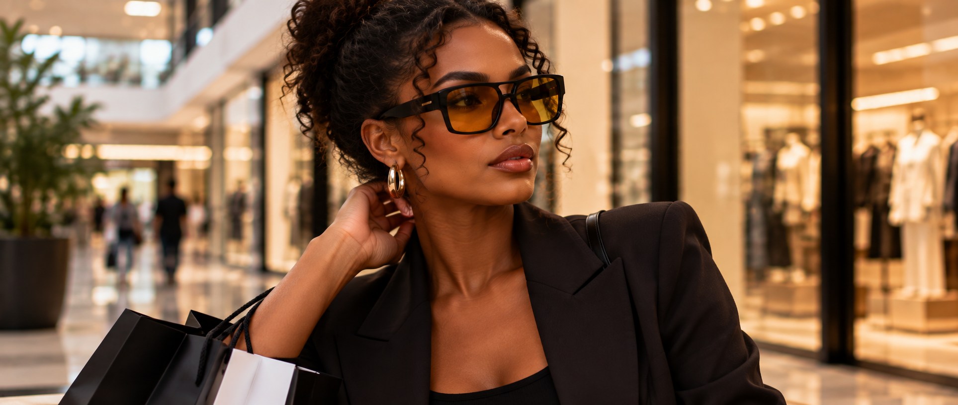 Mulher com óculos de sol Ótica Santoro de lentes âmbar fazendo compras no shopping